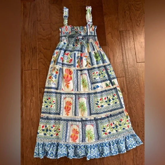 FARM Rio Tropical Tiles Smocked Maxi Dress Boho Floral Size M - Picture 4 of 12